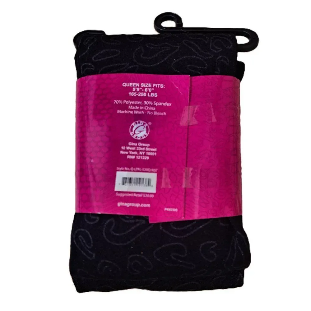 Leg Impressions Women's Footless Black Printed Fleece Lined Tight Sz Queen